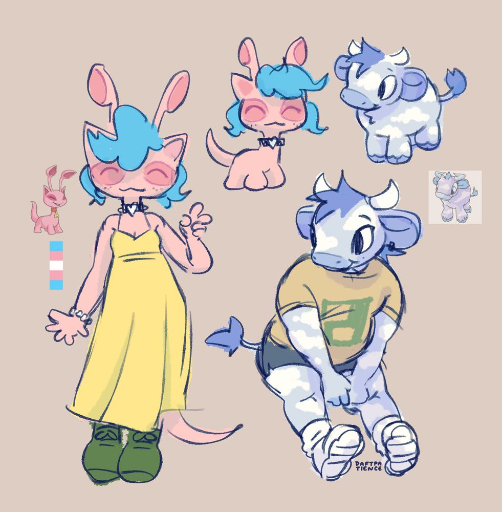 an anthro drawing of my partner as an aisha neopet (she's tall, slim, pink with curly blue hair, and wearing a yellow dress and green boots) and me as a kau neopet (i'm short, fat, and cloud-patterned, wearing a tshirt, shorts, and white sneakers) there are chibi drawings of us in the corner that more closely resemble the classic neopet sprites.