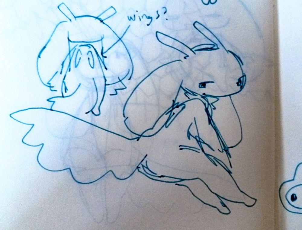 ink sketches of my fursona, a lop-eared alien with antennae and a large brushlike tail. concept sketches on the side imply he has small, folded vestigial wings on his back.