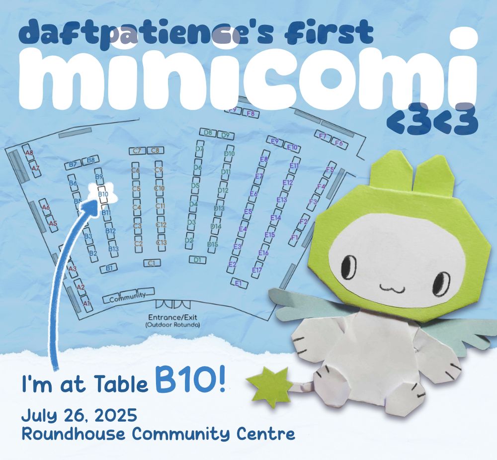 daftpatience's first Minicomi!
i'm at table B10!
july 26, 2025 at the roundhouse community centre in vancouver, BC.