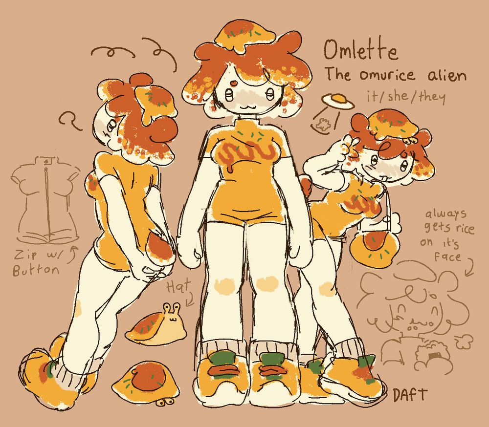 a set of reference drawings of my new character, Omlette the omurice alien. in a limited palette of very tasty warm oranges and yellows, omlette is a blobby looking humanoid alien with little round ears and a little round tail. it's wearing an eggy yellow romper with ketchup drizzle on the chest, and chunky sneakers in similar eggy colours. their hair is blobby and toasty looking with white undertones, like a flipped over fried egg. they also have a rolled omelet beret that is actually a big leatherleaf slug type of thing. a little doodle on the side shows omlette always gets rice on their face when they eat.