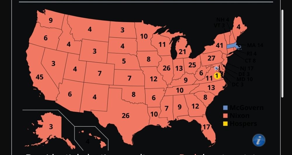 Nixon v McGovern 1972 election, showing Nixon winning almost every single state 