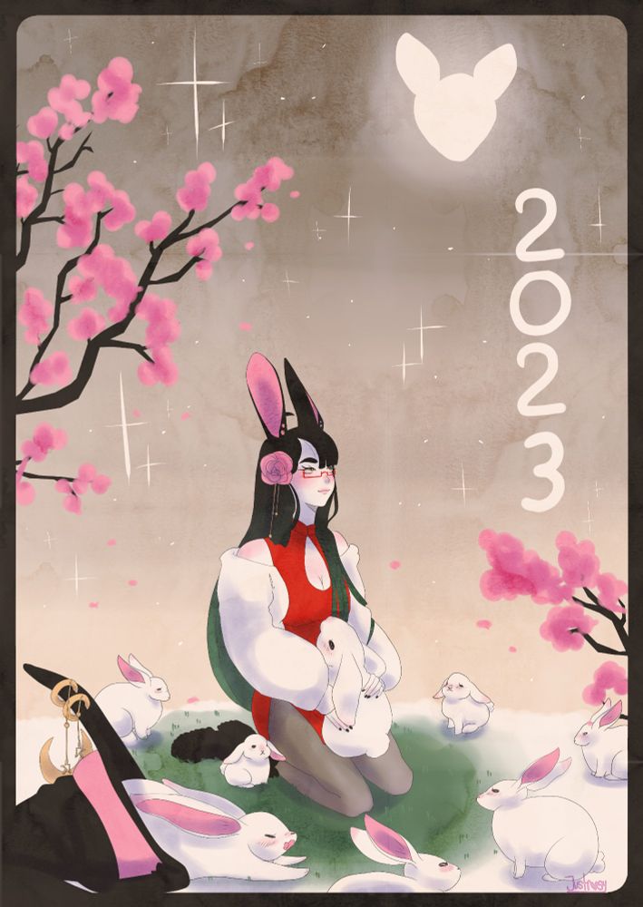 A lady with long black hair and bunny ears sits on her knees in a snowy field surrounded by white rabbits. One sleeps in a witch's hat on the ground. The lady wears a short red dress with a fluffy white coat and tights with a pair of boots. She looked up at a rabbit shaped moon while petting one of the white rabbits. In the sky on the left side of the drawing is "2023"