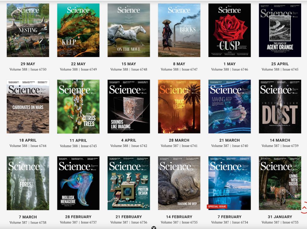 Screenshot of cover images of Science magazine from January to May 2025.