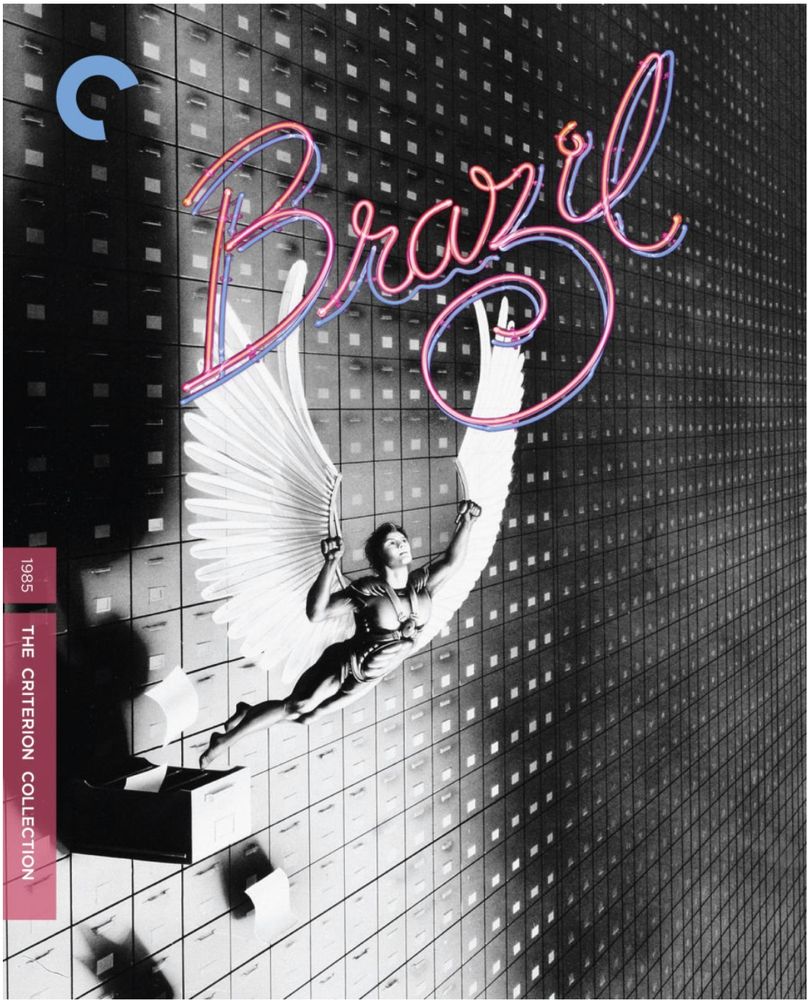 Image of the cover of the blu-ray for the movie "Brazil," showing a government bureaucrat imagining himself as winged knight leaping gloriously from the door of an open drawer amid an infinitely receding wall of filing cabinets.