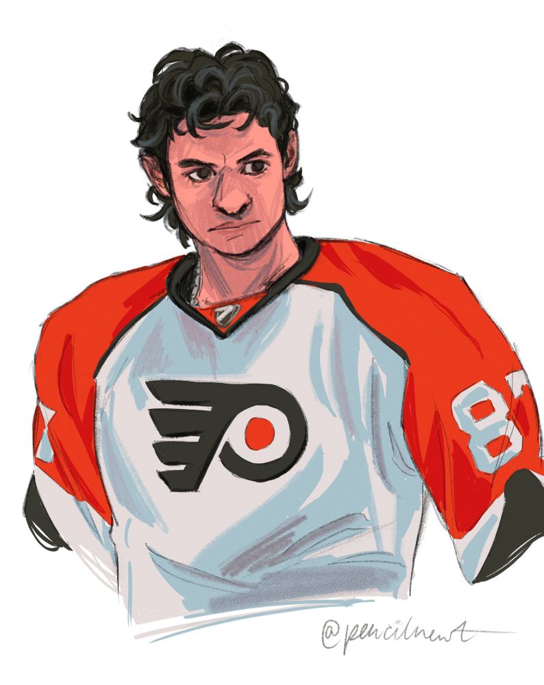 Drawing of a younger Sidney Crosby in a Flyers jersey. 