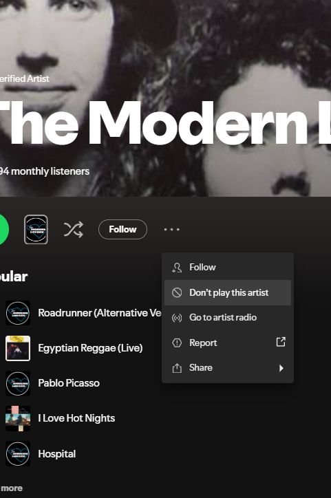 Screenshot of Spotify showing a band's page, with a "don't play this artist" option