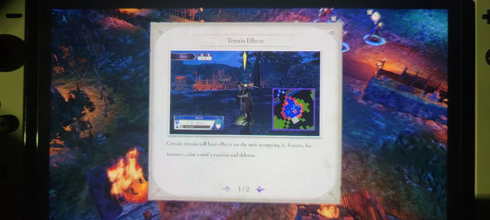 Picture of a Nintendo Switch screen displaying the game Fire Emblem Three Houses. There is a tutorial pop-up box, and the text is teeny-weeny small. 