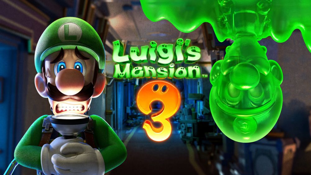 Cover to the videogame Luigi's Mansion 3. Shows Luigi on left side with a flashlight in his face and a frightened expression. On the right is an upside down gooey version of Luigi in a translucent green. 