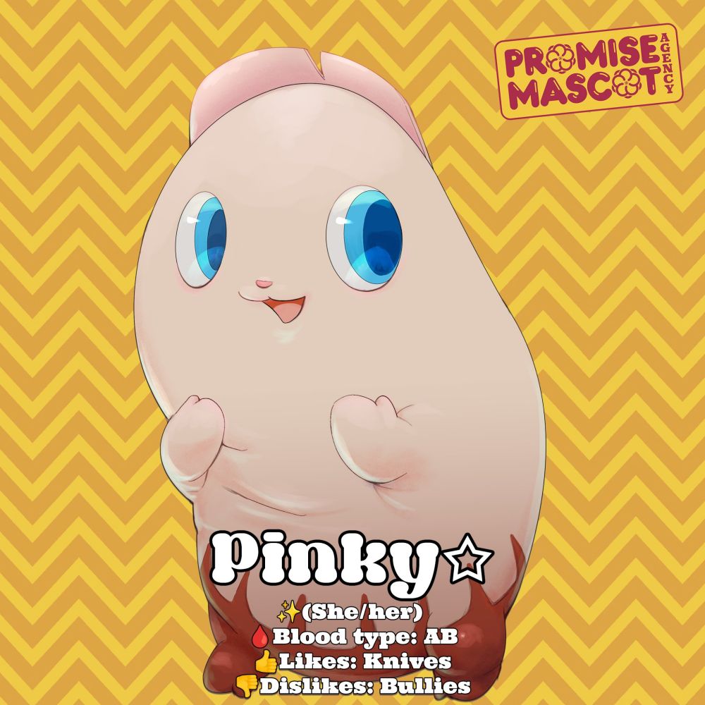 Art from the videogame Promise Mascot Agency. Depicts a character named Pinky☆, a sentient severed finger. Severed digits are normal alive characters in this game. 