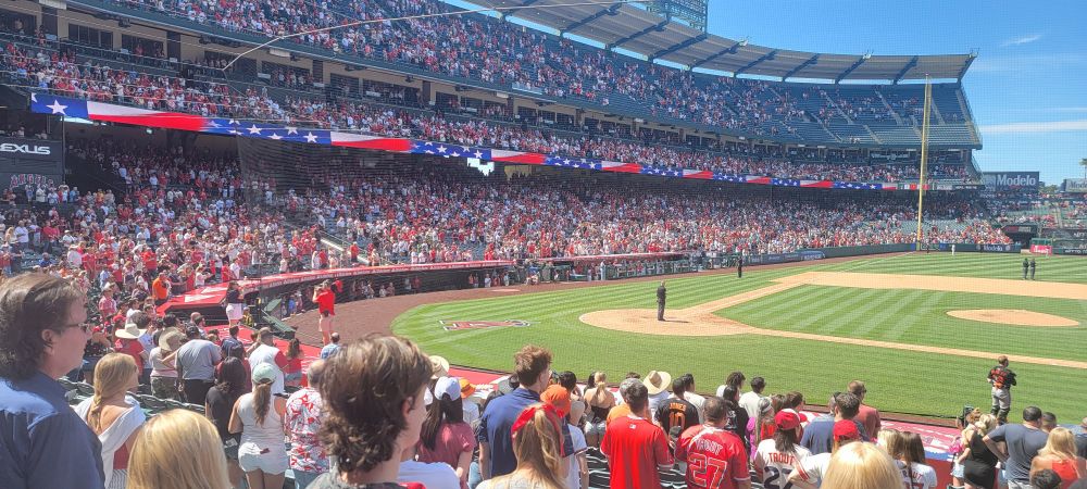 A photo from the right-infield seats in Angels Stadium during 7th inning stretch on Sunday, April 11 2025. 