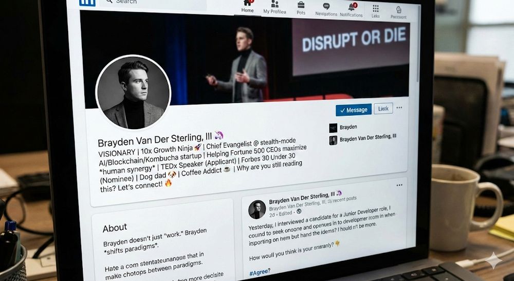 A computer monitor displaying a LinkedIn profile page. The profile belongs to “Brayden Van Der Sterling, III” with a unicorn emoji next to the name. His profile photo is a black-and-white headshot of a young man in a turtleneck and blazer. The cover photo shows him onstage giving a talk in front of a large screen that reads “DISRUPT OR DIE.”

His headline is an exaggerated, buzzword-filled list:
“VISIONARY | 10x Growth Ninja🚀 | Chief Evangelist @ stealth-mode AI/Blockchain/Kombucha startup | Helping Fortune 500 CEOs maximize human synergy | TEDx Speaker (Applicant) | Forbes 30 Under 30 (Nominee) | Dog dad 🐕 | Coffee Addict ☕ | Why are you still reading this? Let’s connect! 🔥”

Below is an “About” section with equally over-the-top, jargon-heavy text, starting with:
“Brayden doesn’t just work. Brayden shifts paradigms.”

The rest of the page shows recent posts, icons for Home, My Profile, Posts, Notifications, and Likes near the top, and office clutter around the desk—mugs, papers, and a keyboard—visible in the foreground.