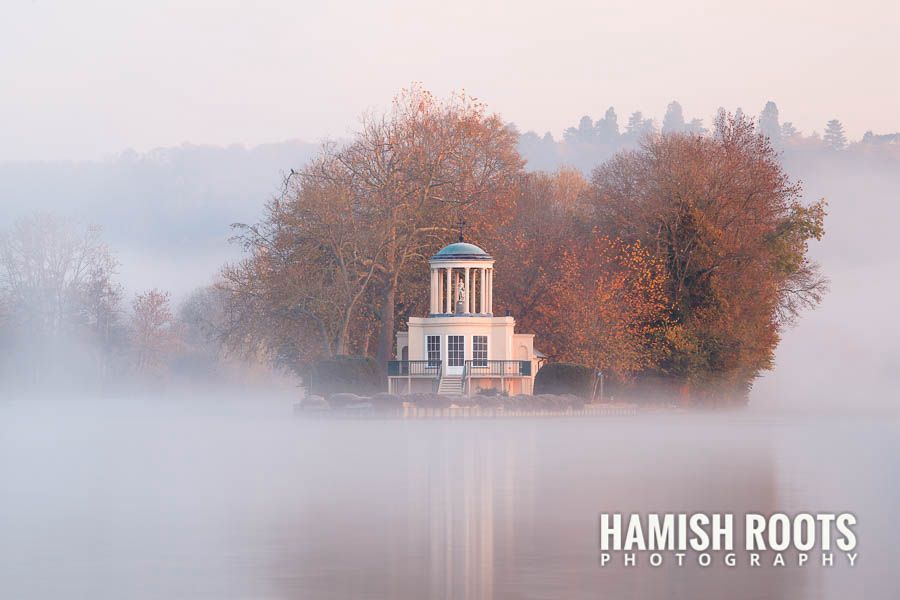 A photograph by photographer Hamish Roots of the iconic Temple Island in the mist Henley on Thames, UK. 