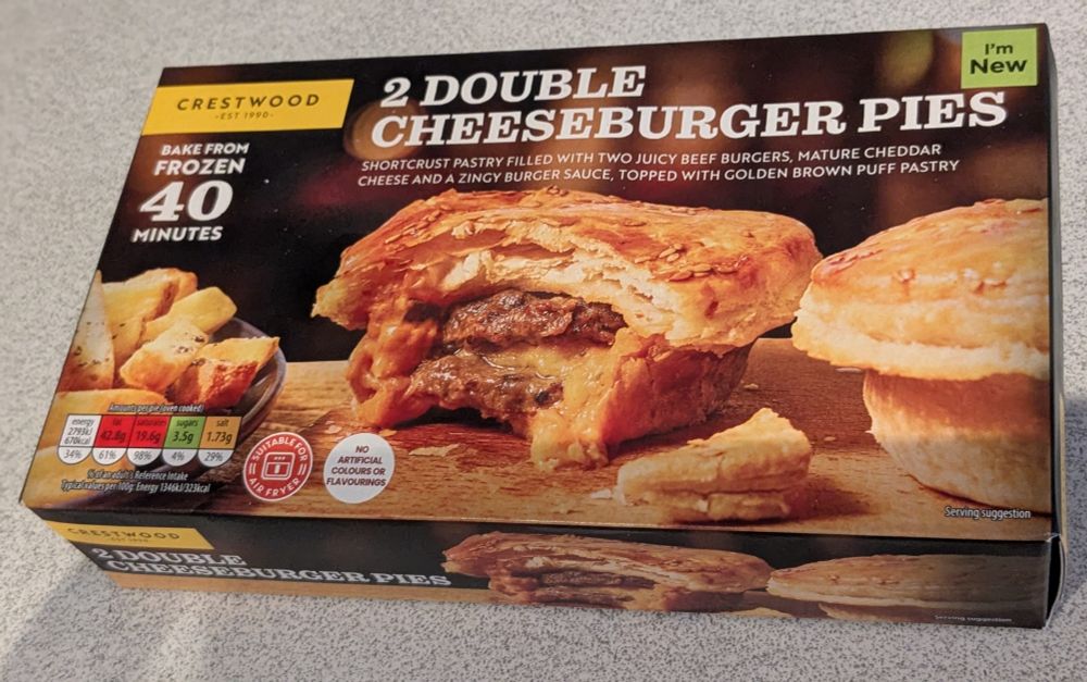 A pack of cheeseburger pies, from Aldi, which are unsurprisingly delicious 