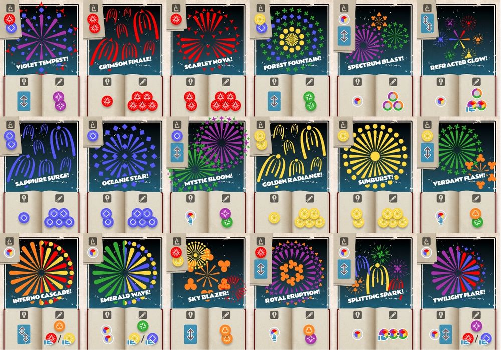 18 cards from the upcoming board game Pyrotechnics.