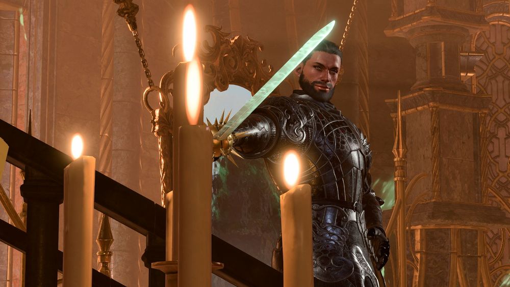 Dark Paladin (title of the pic)
Half-drow, the dark urge with bronze skin, pale yellow eyes, and black hair in full paladin armor, stands brandishing his greatsword one-handed.
There are candles in the foreground.
