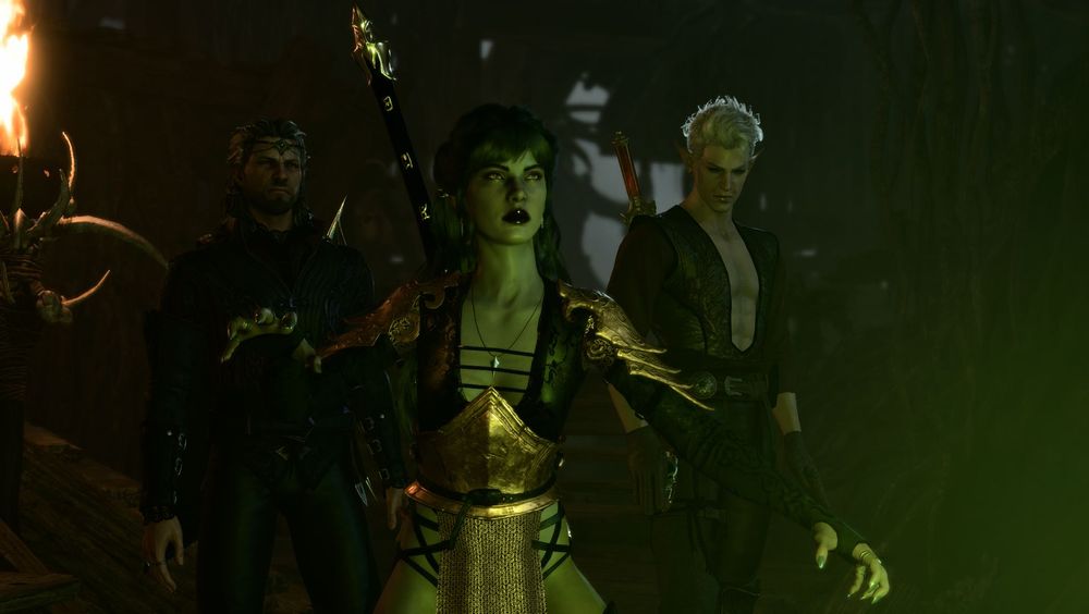 Lu (durge) is wearing black and gold armor that's very revealing, they're stanced ready for combat as Gale and Astarion stand behind them, glaring at the enemy they're facing.