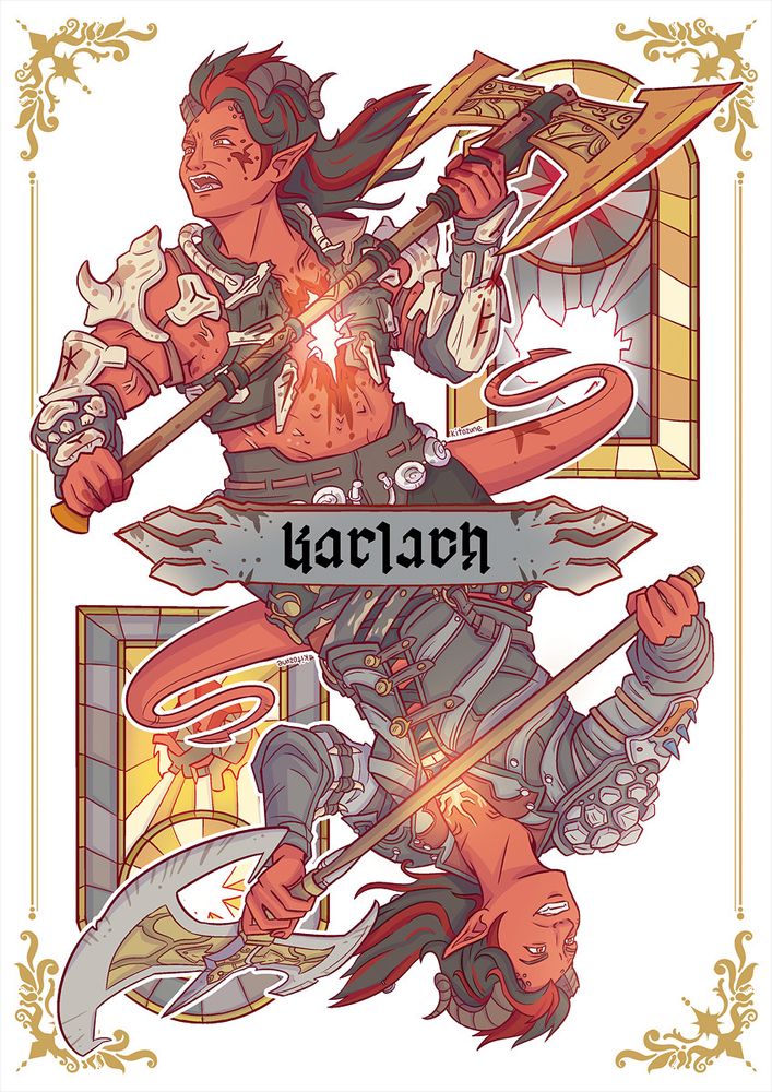 A portrait of an angry Karlach, bloodied and holding a golden great axe. Her chest armor is torn open, revealing burning white light. The stained glass window behind her is shattered in a heart shaped hole. Mirrored below is a portrait of Karlach with her Avernus outfit, grinning wildly as she swings her great axe. Behind her is a stained glass window depicting a repaired heart. 