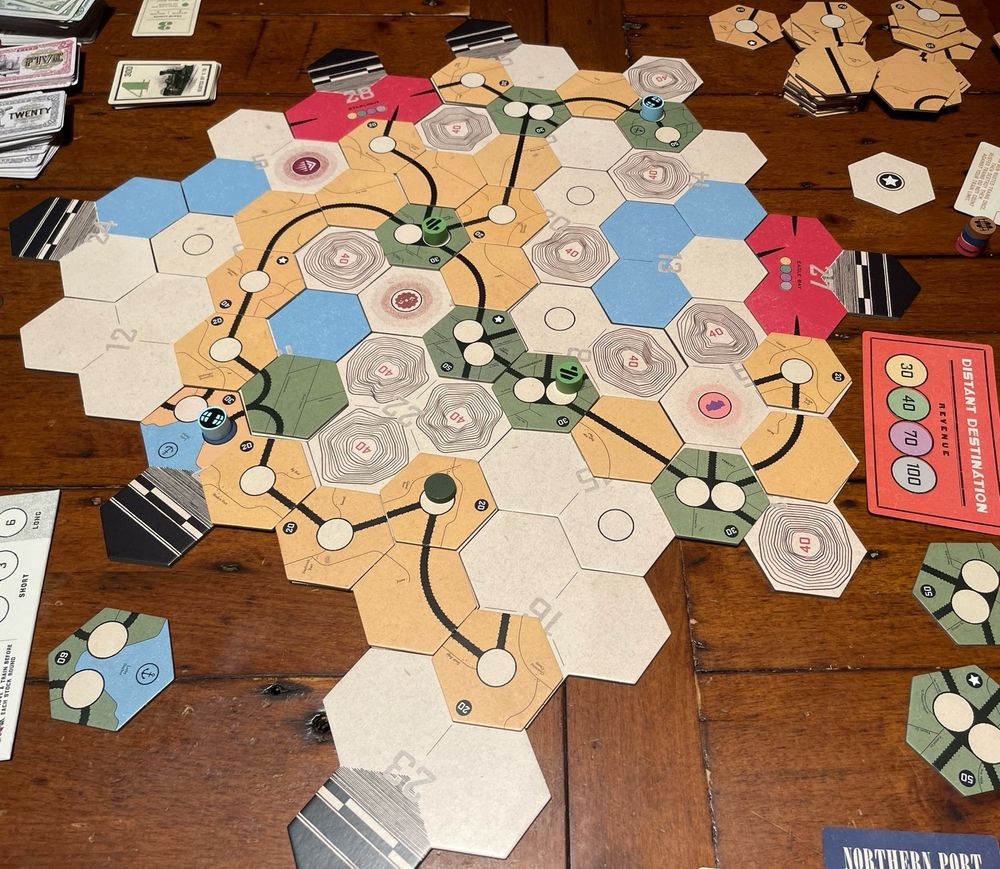 The map layout fur the short introductory game of Railways of the Lost Atlas. This shows the end of cycle 3 of 4.