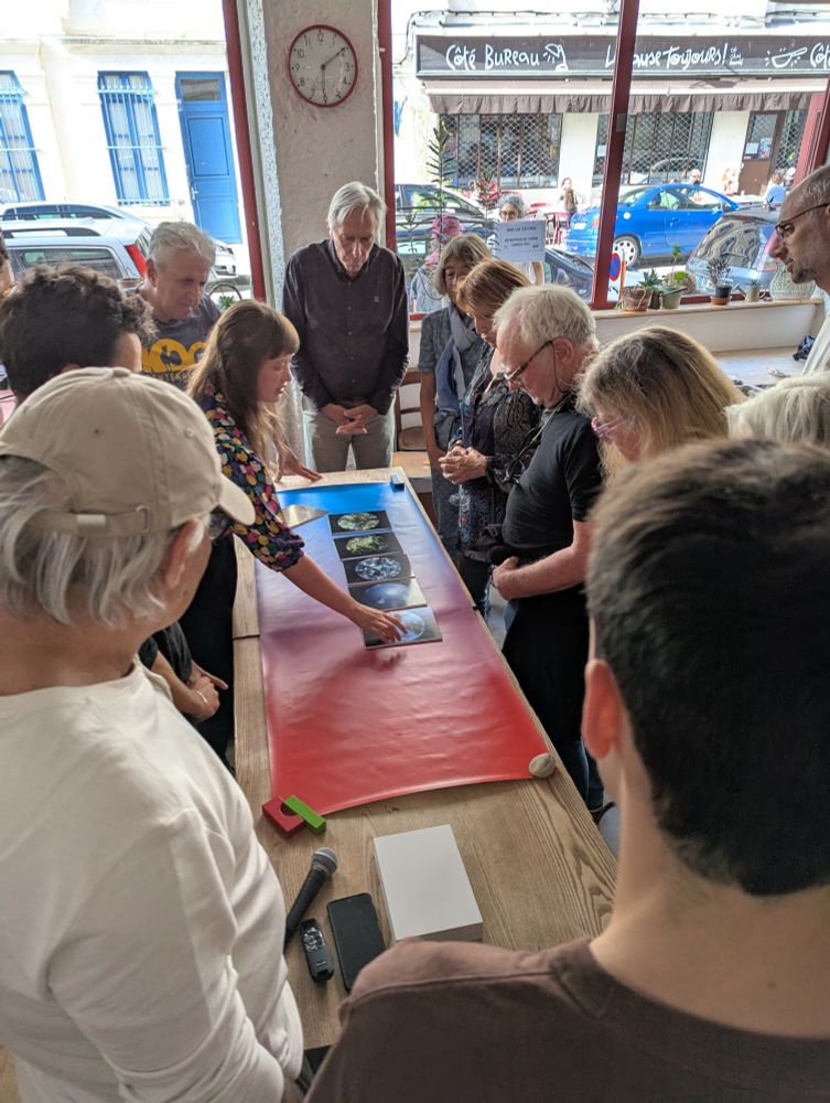 Jeu interactif sur le microclimat forestier, animé par moi-même : un gradient de rouge (chaud) à bleu (frais) est posé sur une table, les participants réunis autour doivent poser leurs hypothèse pour classer les images de forêt selon leur température. Ils semblent concentrés sur la tâche !