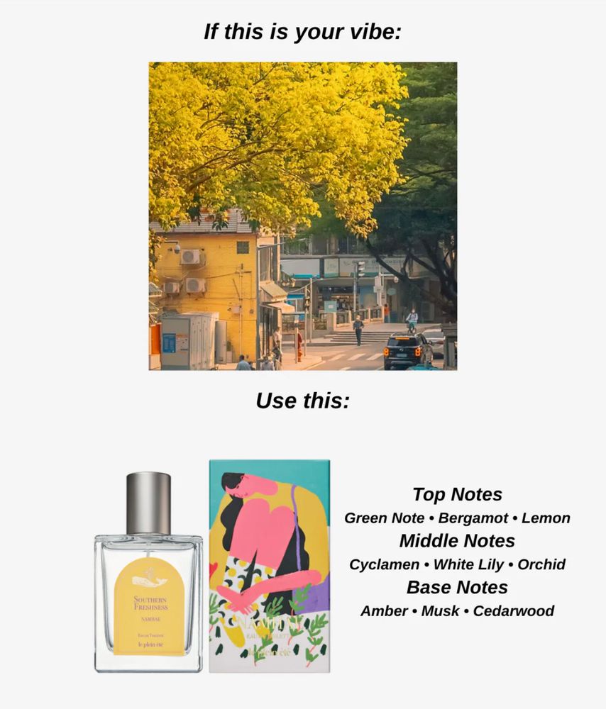 Screenshot of Southern Freshness’ page that says, “If this (a photo of a street corner with a yellow building and yellow tree) is your vibe, use this (Southern Freshness). Top: Green Note, Bergamot, Lemon. Heart: Cyclamen, White Lily, Orchid. Base: Amber, Musk, Cedarwood.”