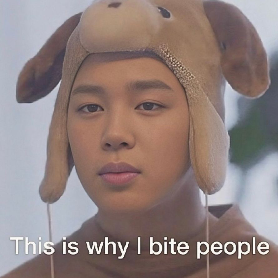 Meme of Park Jimin in a dog costume with overlaid text: This is why I bite people. 