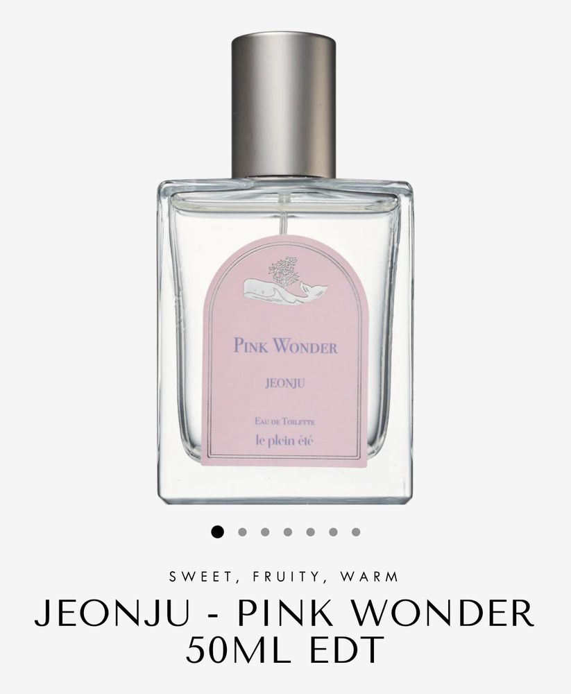 Screenshot of Jeonju — Pink Wonder in a clear glass bottle with a pink label. Described as sweet, fruity, warm.