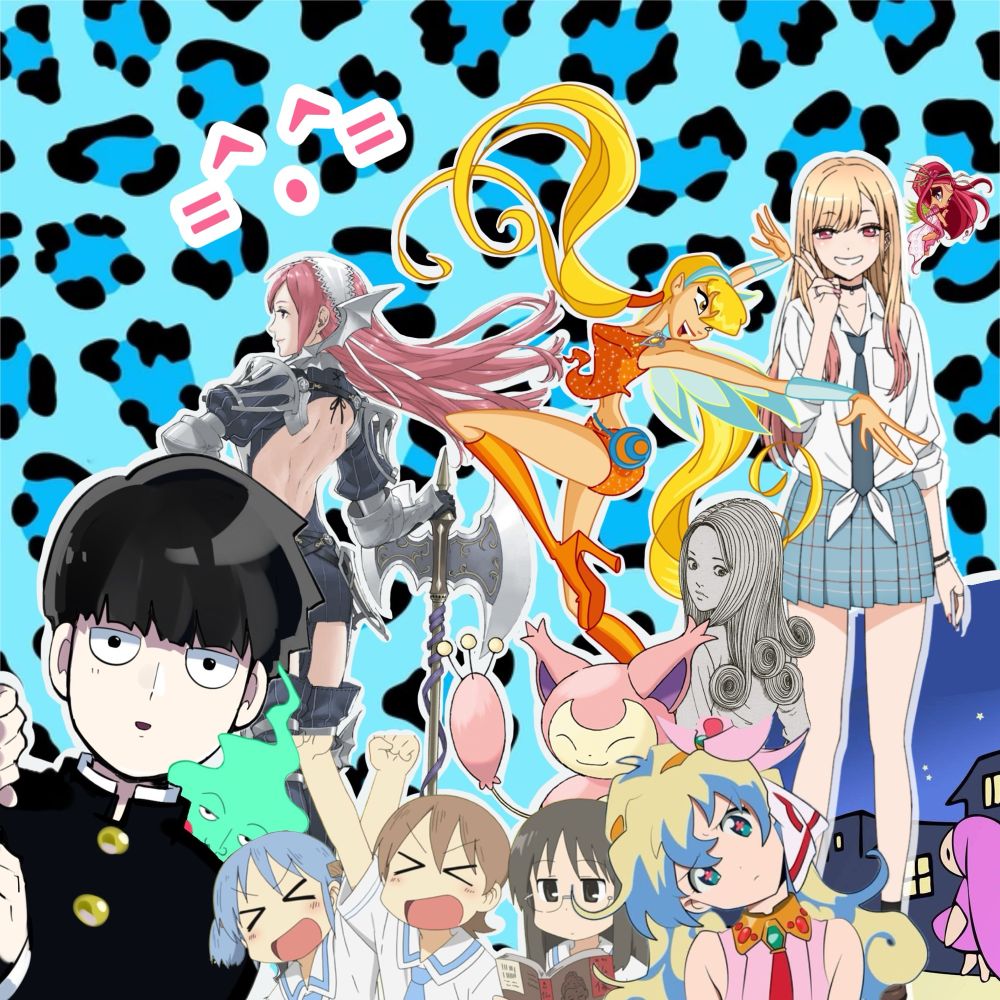 collage of characters set against a blue leopard print background. characters include shigeo kageyama from mob psycho, cherche from fire emblem awakening, mio yuuko and mai from nichijou, skitty from pokemon, stella from winx club with her pixie amore, kirie from uzumaki, nia teppelin from gurren lagann, and love of my life marin kitagawa from my dress up darling