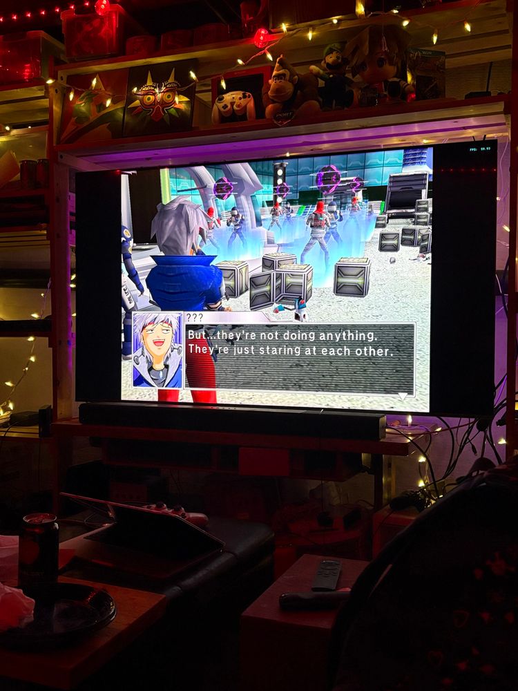 photo of tv screen while playing custom robo  for gamecube
dialogue screen shows hero character saying “but…they’re not doing anything. they’re just staring at each other.”