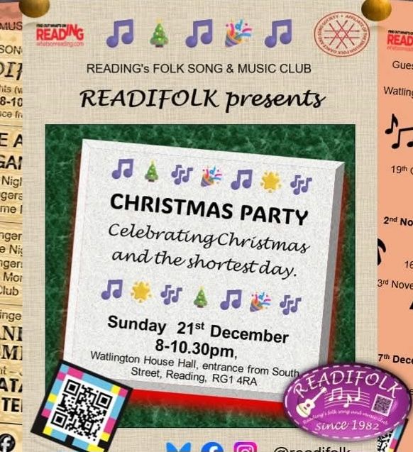 Image advertising Readifolk's Christmas Party at 8pm on Sunday 21st December.
The background is a weathered noticeboard with listings for Readifolk. There are also images of musical notes.
The centre of the noticeboard is an image is a Post-it, advertising the event.
The venue is Watlington House Community Hall, accessed on foot from South Street in Reading. The postcode is RG1 4RA. The cost is £3 cash on the door (free if you are under-25) and you bring your own refreshments.
The poster also includes logos for Reading Arts and the English Folk Dance and Song Society.
There is a QR code, leading to www.readifolk.org.uk and social media icons for @readifolk on Bluesky, Facebook and Instagram.