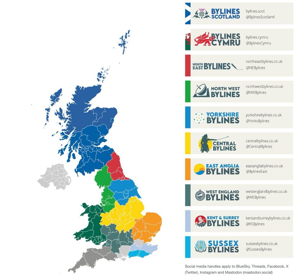 Map of the UK with nations and regions colour coded by the Bylines publications of their areas. 