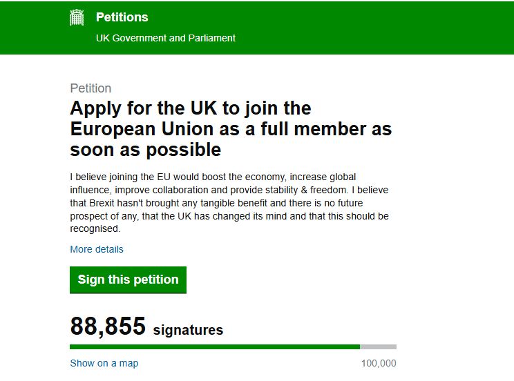 Screenshot of petition  to join EU as full member.