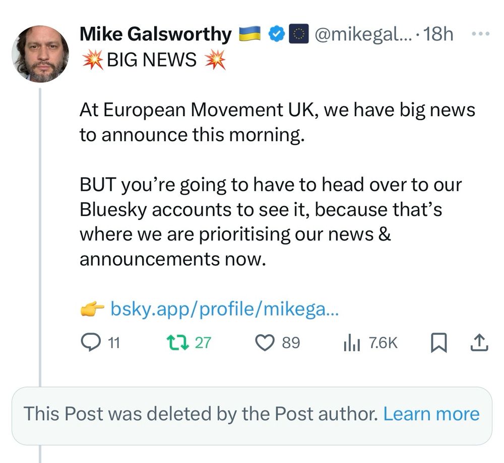 Screenshot of my tweet announcing that we have big news, but you have to go to Blusky to read it. There is a grey box under the post reading: “This Post was deleted by the Post author. Learn more.”