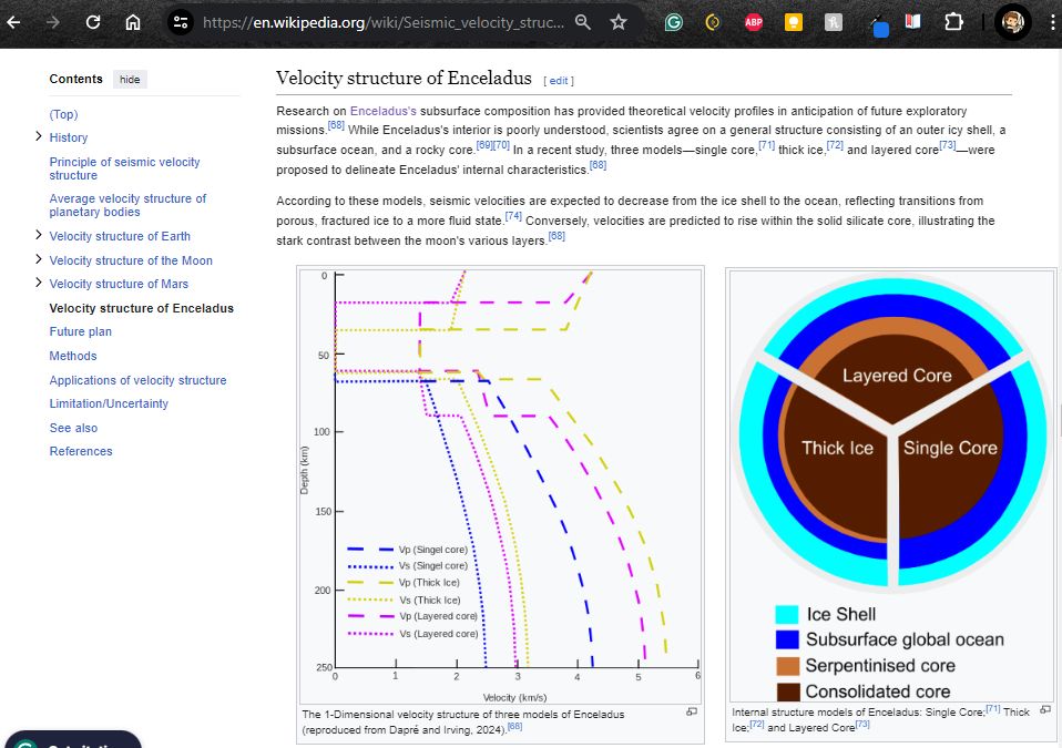 Screenshot of Wikipedia page "Seismic velocity structure" featuring two figures adapted from my research about Enceladus