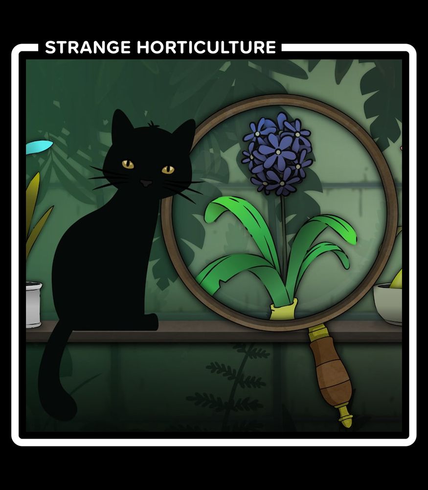 2D illustration of a magnifying glass examining a potted plant with a single spherical cluster of blue flowers. a black cat is looking at you ominously