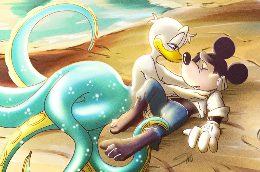 Donald Duck is in his octopus mermaid form from Kingdom Hearts that's colored blue and yellow. He has his arms around an unconscious Mickey Mouse whose clothing is ripped from an accident. Donald Duck lovingly gazes at Mickey Mouse as they lay on the beach with the sun shining down on them.