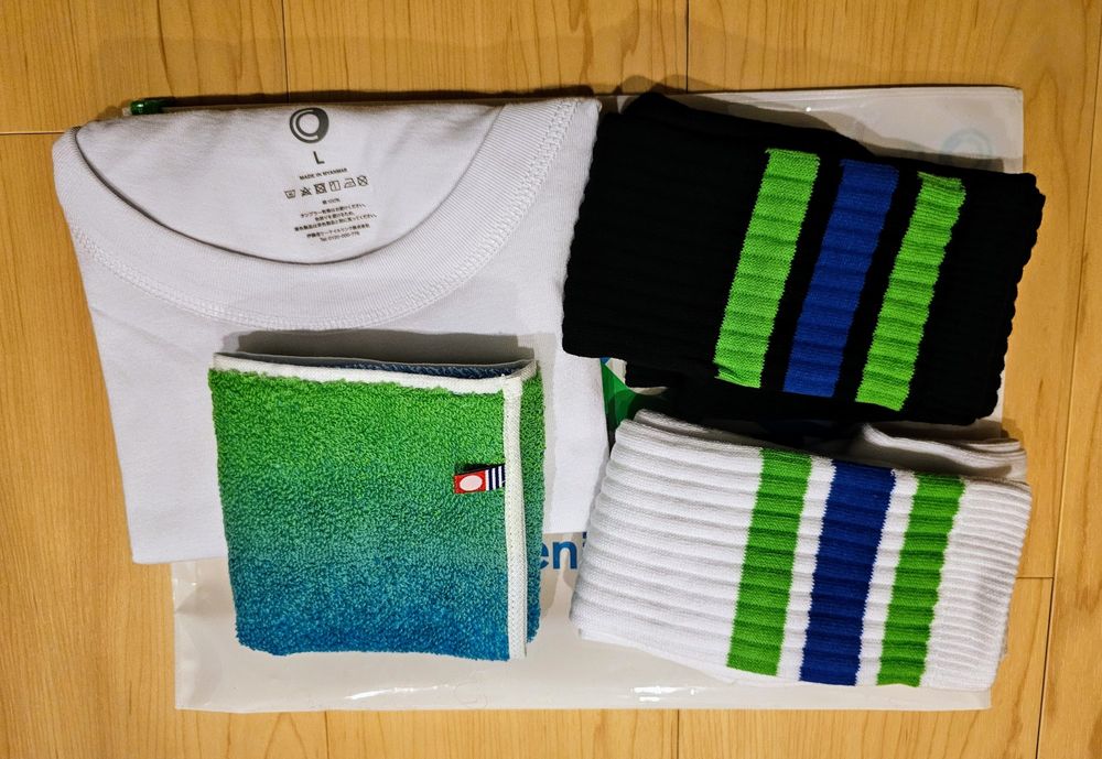 White tee, family mart socks in white and black, tenugi in gradient