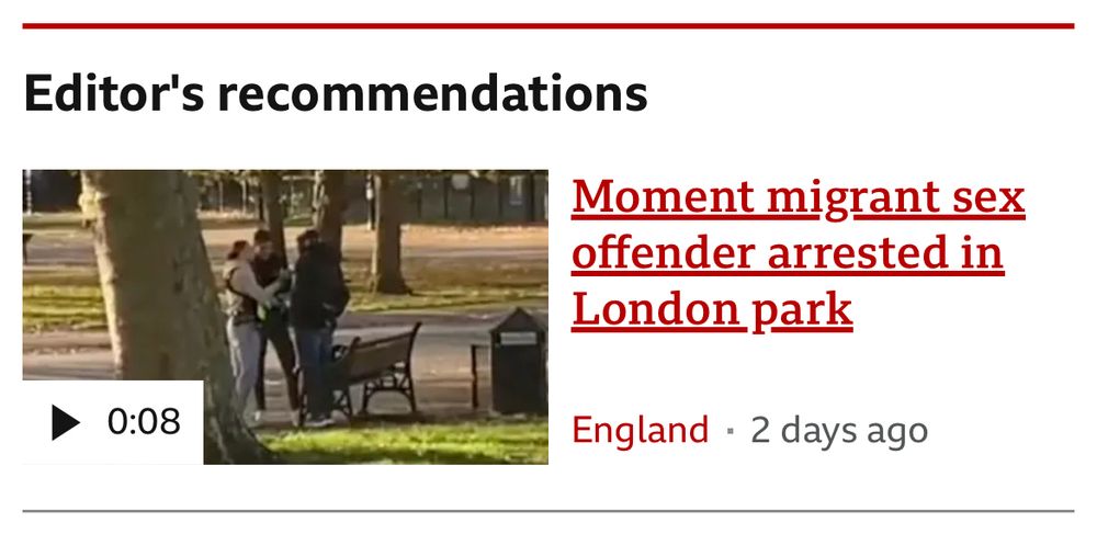 Photo showing two people in a park and a headline saying “moment migrant sex offender arrested in London park”