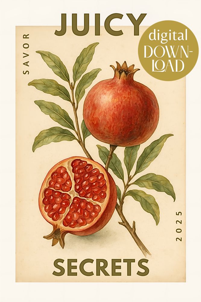 Juicy Secrets Granatapfel Poster im Vintage Aquarell-Stil: leuchtende Frucht mit modernem Twist, hochwertiger Kunstdruck bis A0 – stilvoller Eyecatcher für zeitloses Interior.