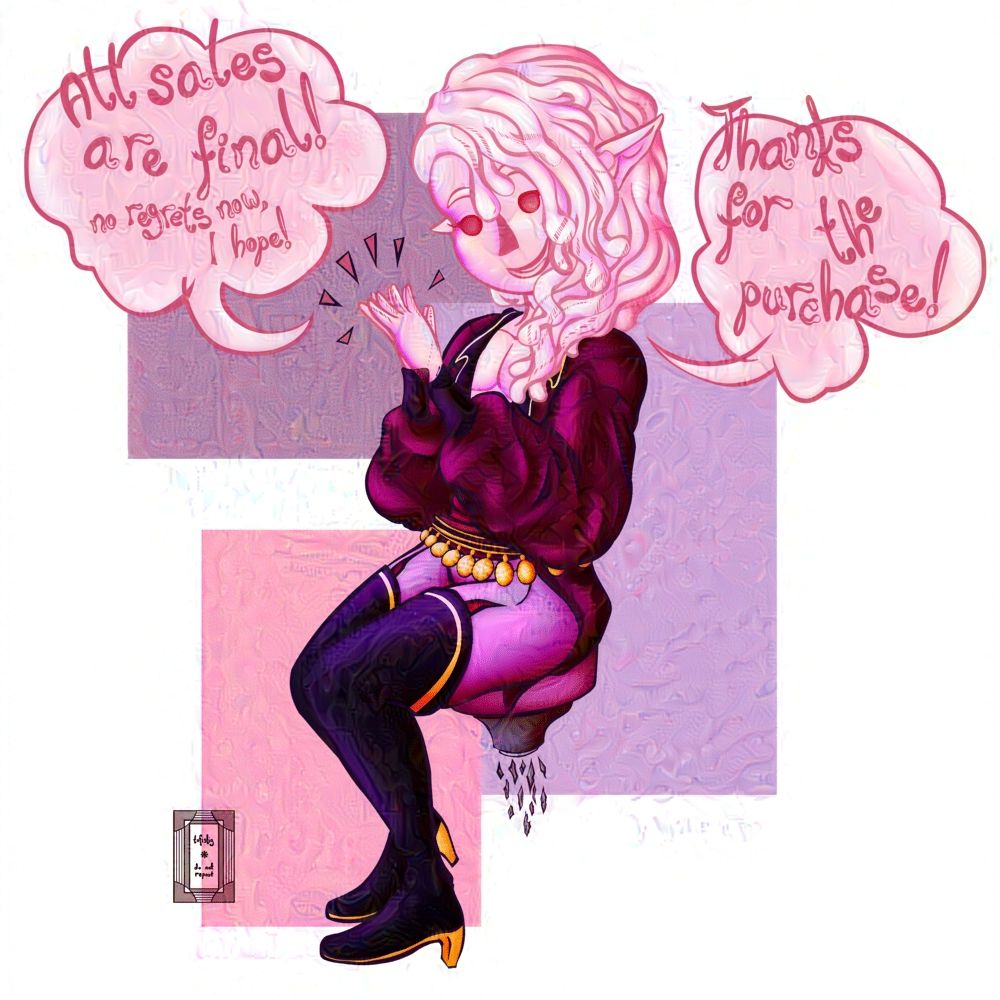A digital illustration of a chibi. They're a pink slime with long hair and fancy clothes. They sit on a floating stool. They're clapping their hands together and say "Thanks for the purchase! All sales are final! no regrets no, I hope"!