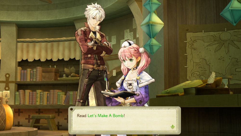 Screenshot of Atelier Escha & Logy: Alchemists of the Dusk Sky. Escha is reading a book while Logy watches over her. The dialog bubble says "Read 'Let's Make A Bomb'!"