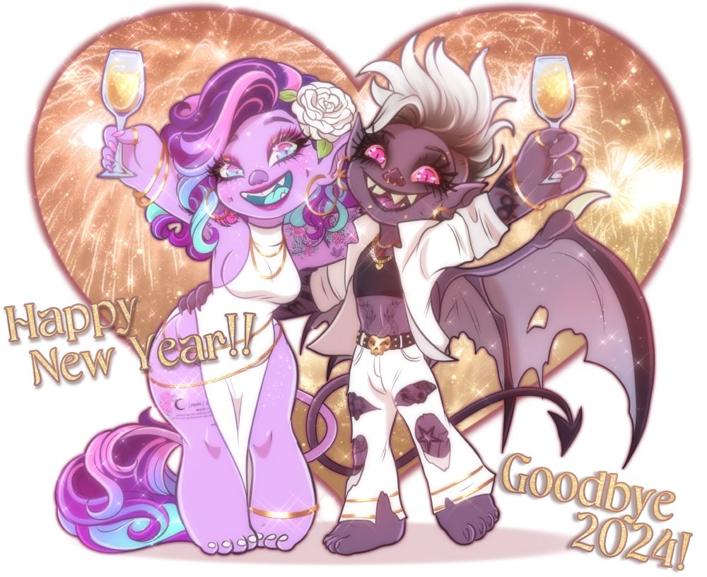Minha trollsona Luna e a Rainha Barb em roupas festivas, desejando feliz ano novo. // My trollsona Luna and Queen Barb in festive outfits, wishing a happy new year.