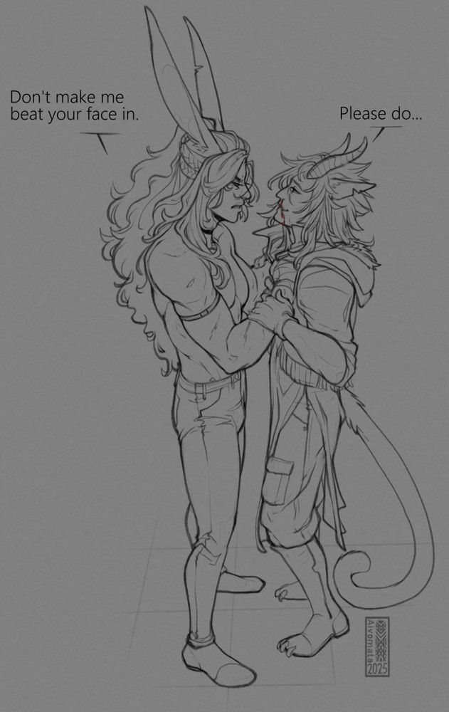 Digital illustration of Calla and U'harha Aivomata's Oc's.

Calla, tall rabbit eared man holding U'harha up by the collar. U'harha is a man with cat ears, cat tail and horns.  

Calla saying " Don't make me beat your face in. " U'harha replying, "please do..."