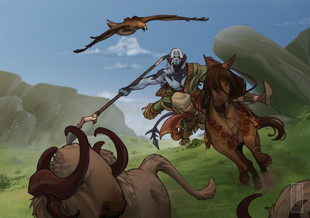 Digital illustration by Aivomata. Featuring their OC Sukegei. 

Blue skinned man with a spear in hand, riding horse back after a herd . The man wear a green goat with one arm out of the sleeve. Golden eagle flies above the man, following the scene. 
Background is a steppe mountain ridges and a clear blue sky. 