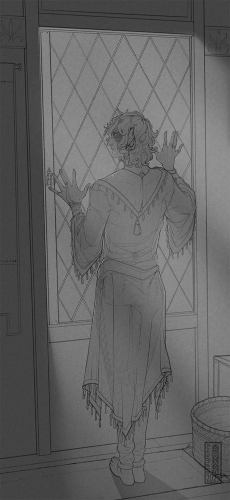 Digital illustration. 
Grayscale illustration of a half elf man standing in front of a window, bathed in moonlight. He has his hands pressed on the window while looking out and he's wearing pants and a see through robe. 