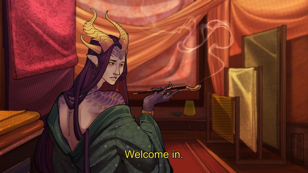 Digital illustration.
Image is an imitation animation screen. In the front stands a character looking at the viewer over their shoulder. The character has long purple hair with the under side being red, they have yellow dragon horns, scales and are holing a pipe. 
The background is of a silk merchants shop, with many silks and fabrics neatly put on display. 

Subtitle reads: Welcome in.