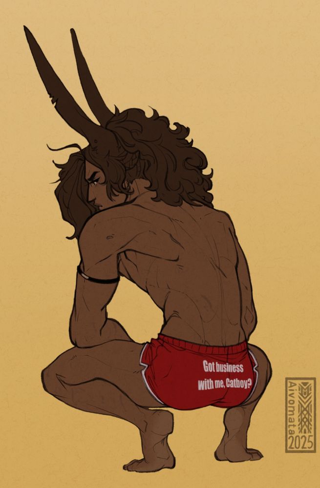 Digital illustration

Calla, rabbit eared man with his back turned to the viewer. Wearing just red shorts with the text on the back of them "Got business with me, Catboy?"