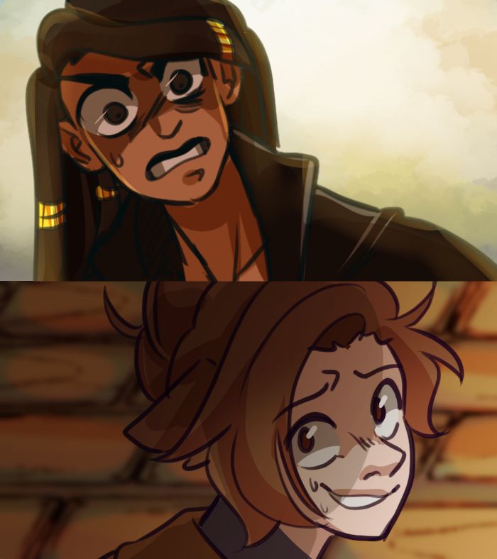 A recreation of a scene from Attack on Titan, where one person is looking down in disgust at another who looks extremely afraid back up at them.