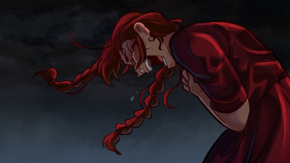 Lenore Dove, from Sunrise on the Reaping, screaming while clutching her heart as tears roll down her face. Dark clouds hang over her in the background