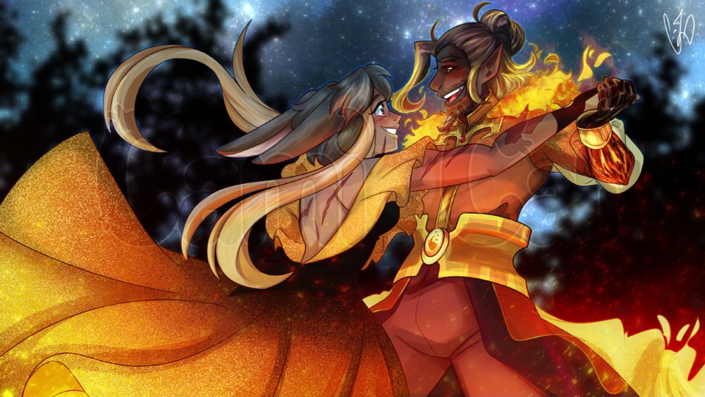 two ttrpg characters from a tabletop campaign, dancing together in firey matching garments.