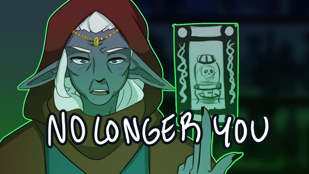 An elderly elven woman, holding the tarot card of death in a somber green lighting